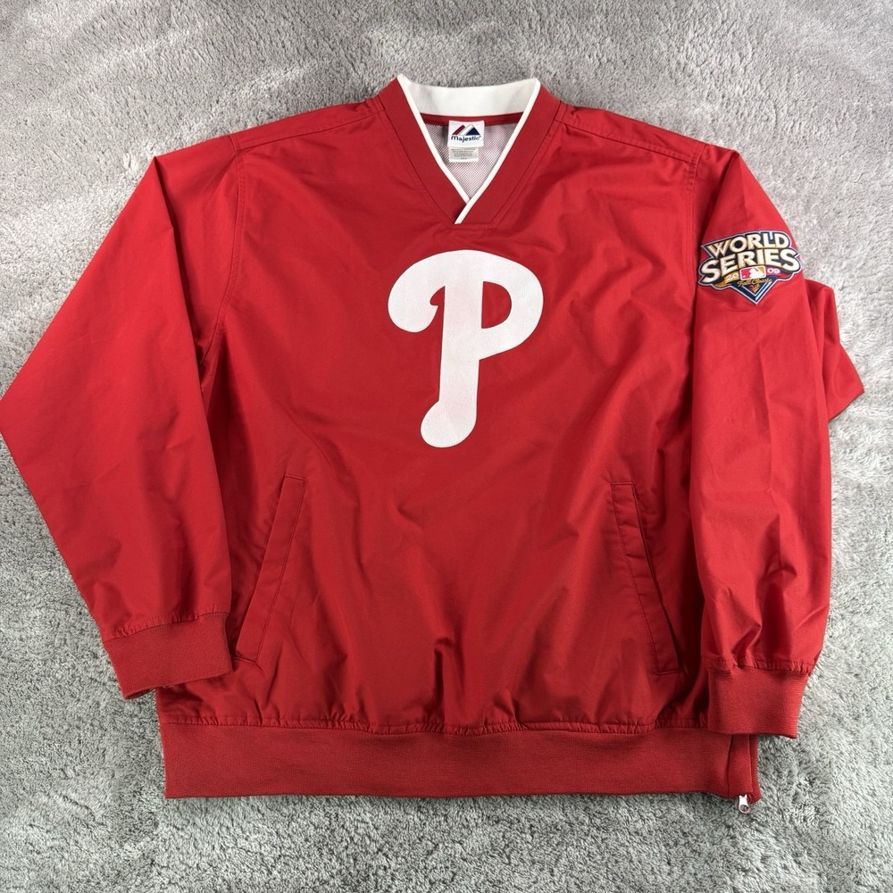 Majestic Phillies Pullover Jacket Mens Medium Red 2009 World Series Windbreaker